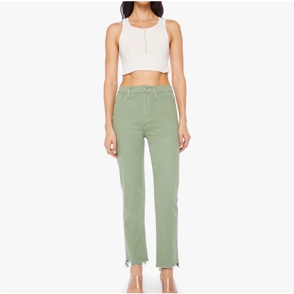 MOTHER The High Waisted Rider Ankle Jeans Step Fray Mistletoe Green Size 27